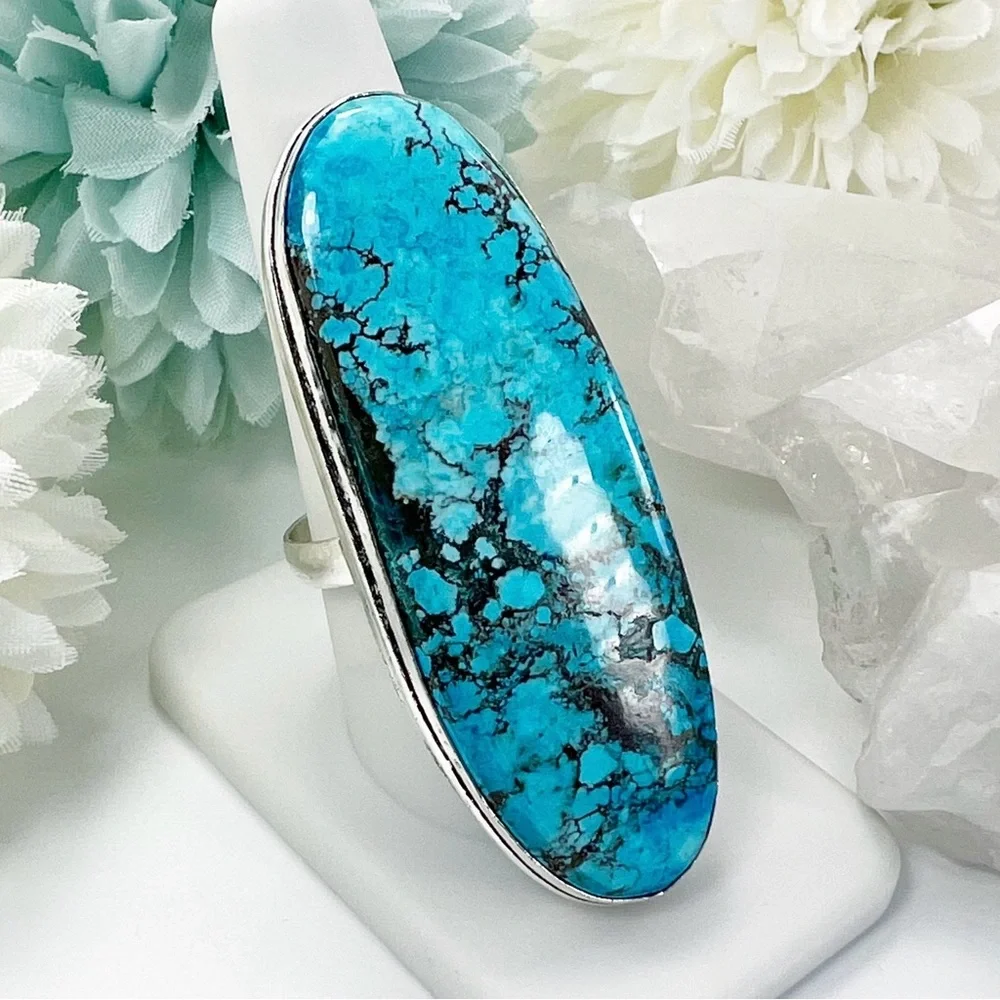 *SOLD* Long Chunky Turquoise Ring Size 11 New Sterling Silver 925 - Picture 1 of 10